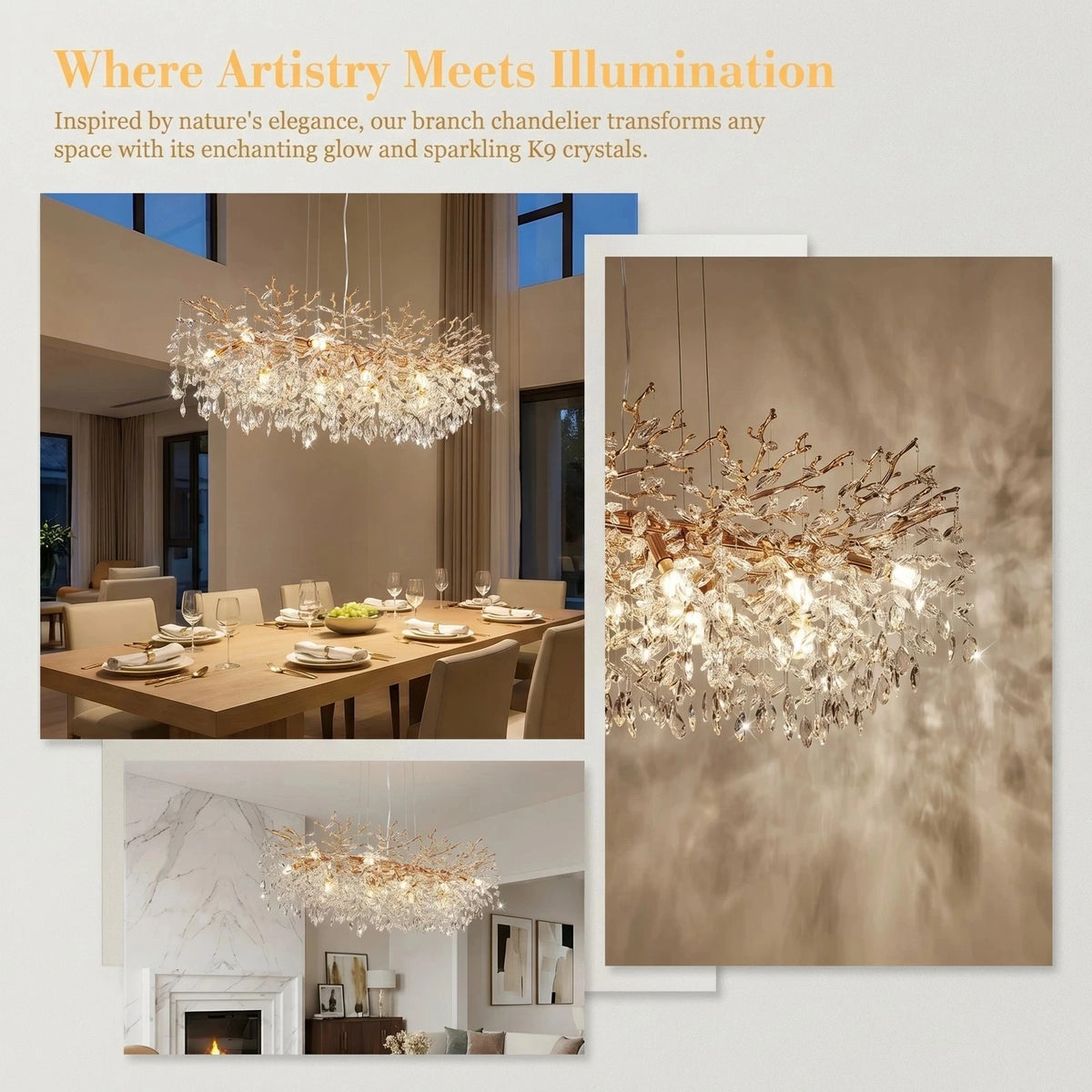 K9 crystal prism detail on a gold aluminum tree chandelier branch