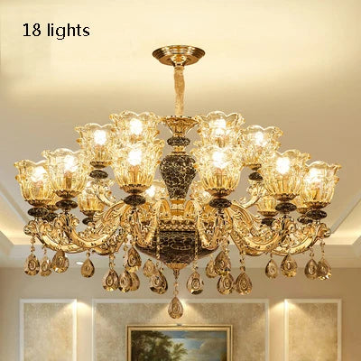 Ceramic crystal chandelier lit in cold white with upward glow