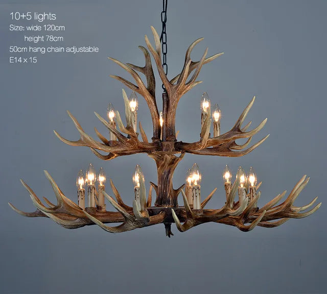 Rustic antler chandelier lighting the ceiling from upward facing shades