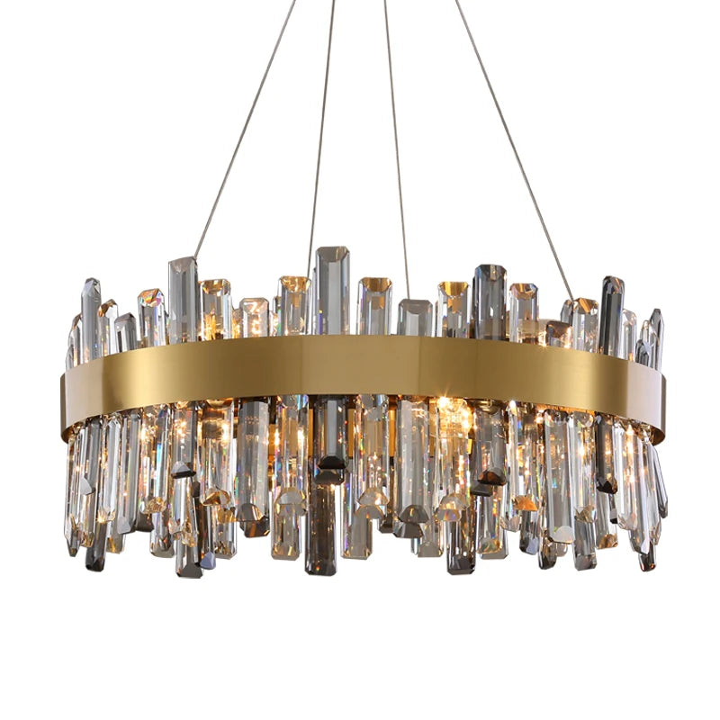Oval crystal chandelier, 59.1 inches long, on a polished gold steel frame