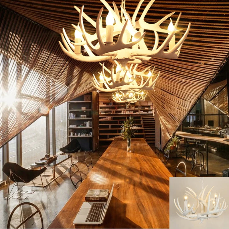 Antler frame chandelier with upward facing clear glass shades