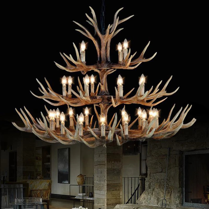 Wood antler chandelier shown in warm light, 90 to 260V operation