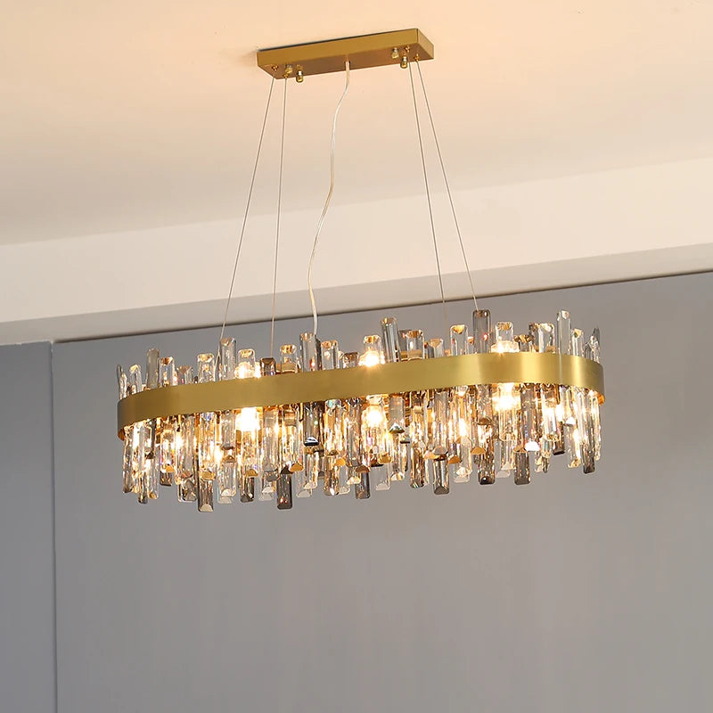 Oval crystal chandelier, 47.2 inches long, with E14 LED bulbs included