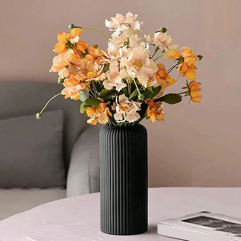 White striped plastic flower vase with ceramic-like matte finish