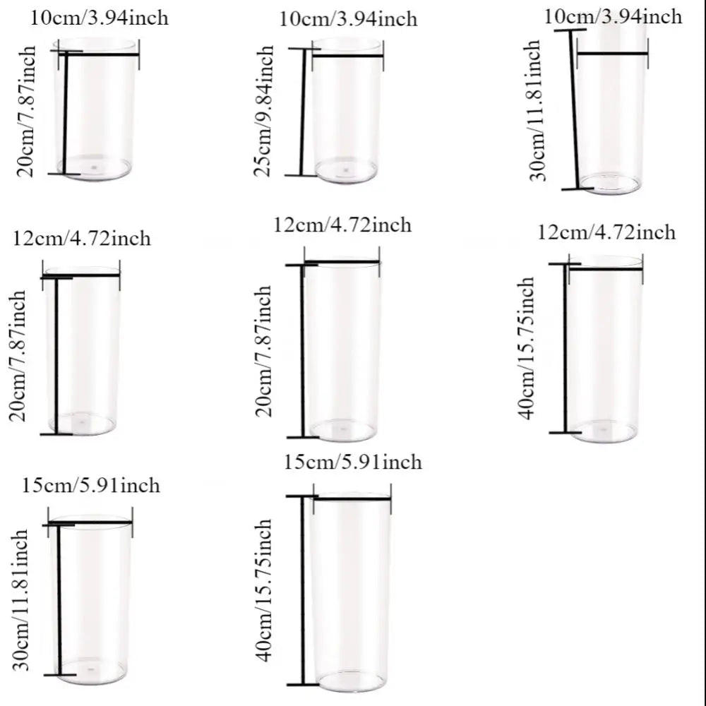 Five sizes of shatterproof clear acrylic cylinder vases displayed in size comparison