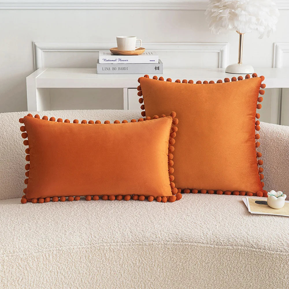 Velvet Pom-Pom Throw Pillow Cover