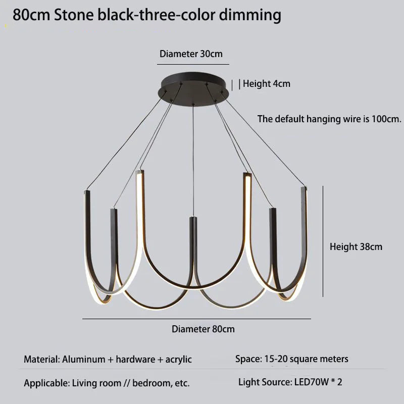 Gold U bar chandelier with dimmable LED chip light and acrylic shade