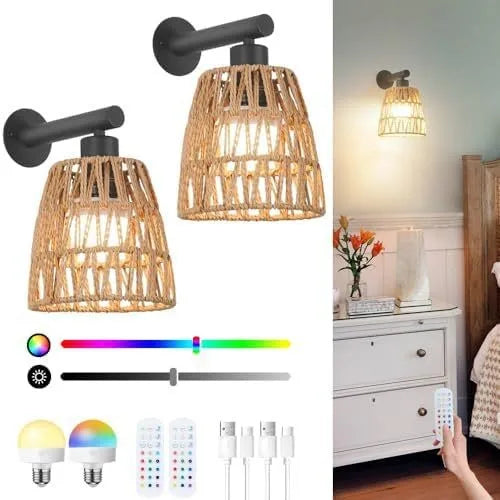 black rattan plug-in wall sconce, close-up of shade and hardware detail