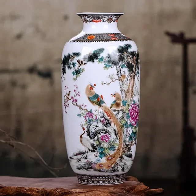 Traditional Chinese porcelain vase close-up showing hand-decorated motif on body