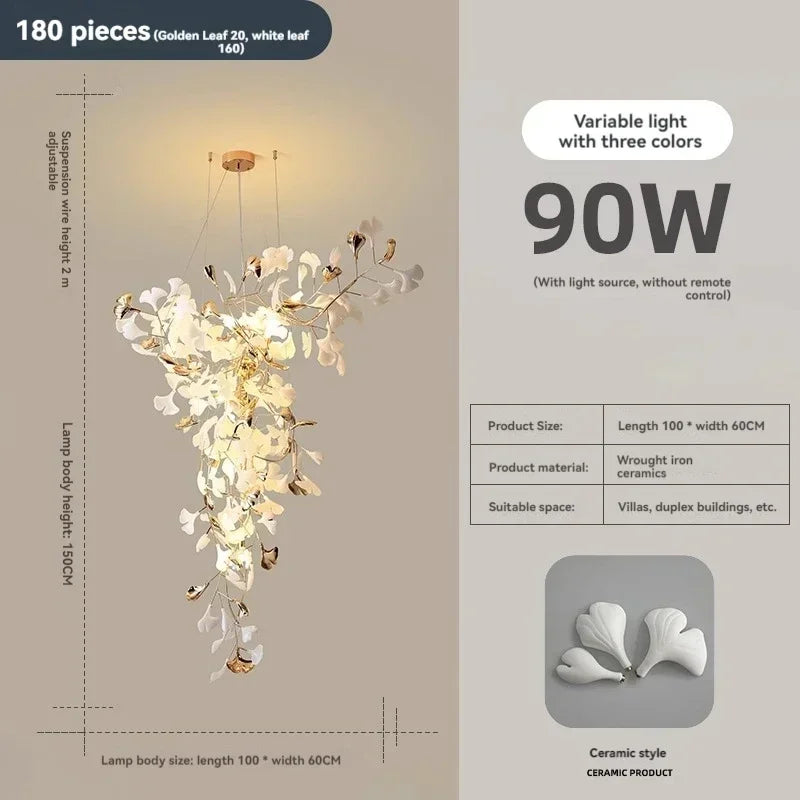 Round ginkgo chandelier, 39.4 inch diameter by 118.1 inch drop, in ceramic