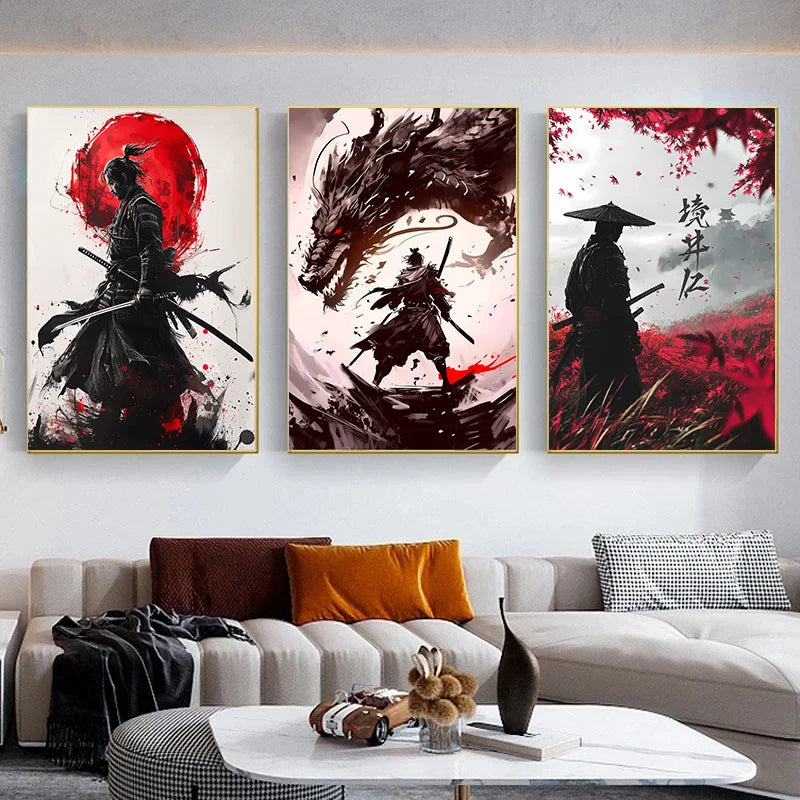Japanese Samurai Warrior Abstract Canvas Wall Art