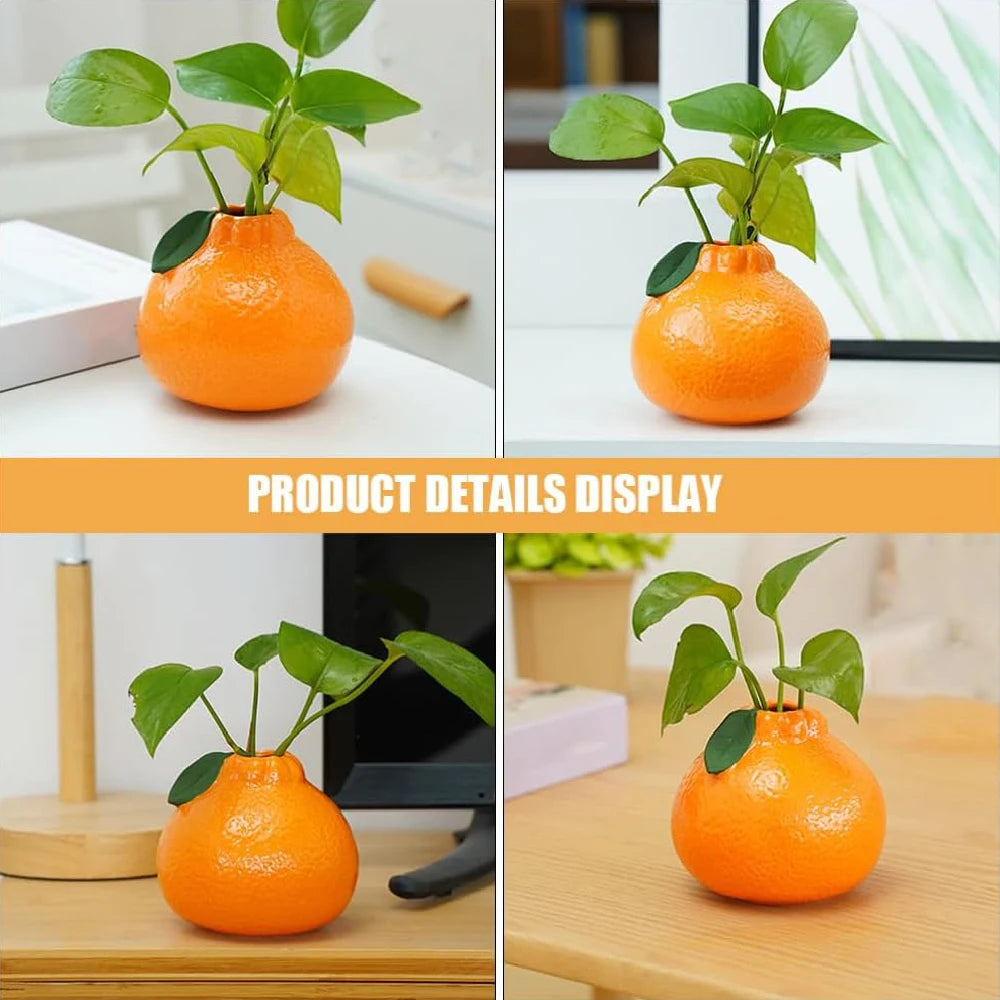 Ceramic fruit vase in orange color displayed with fresh flower stems