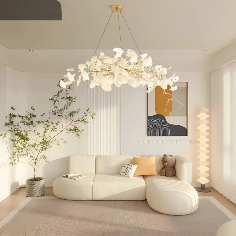 Silver bodied ginkgo chandelier at 47.2 in (120 cm) by 19.7 in