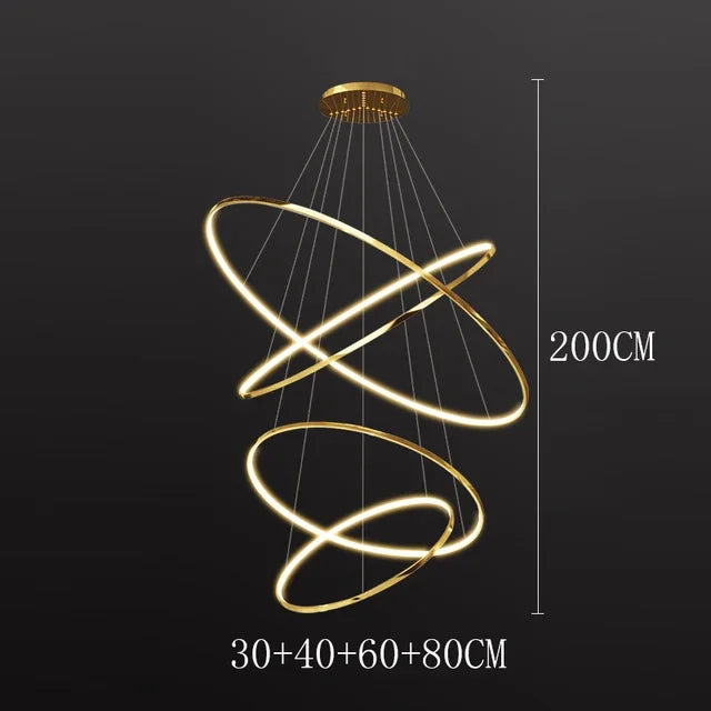 Self contained stacked ring chandelier with included LED bulbs
