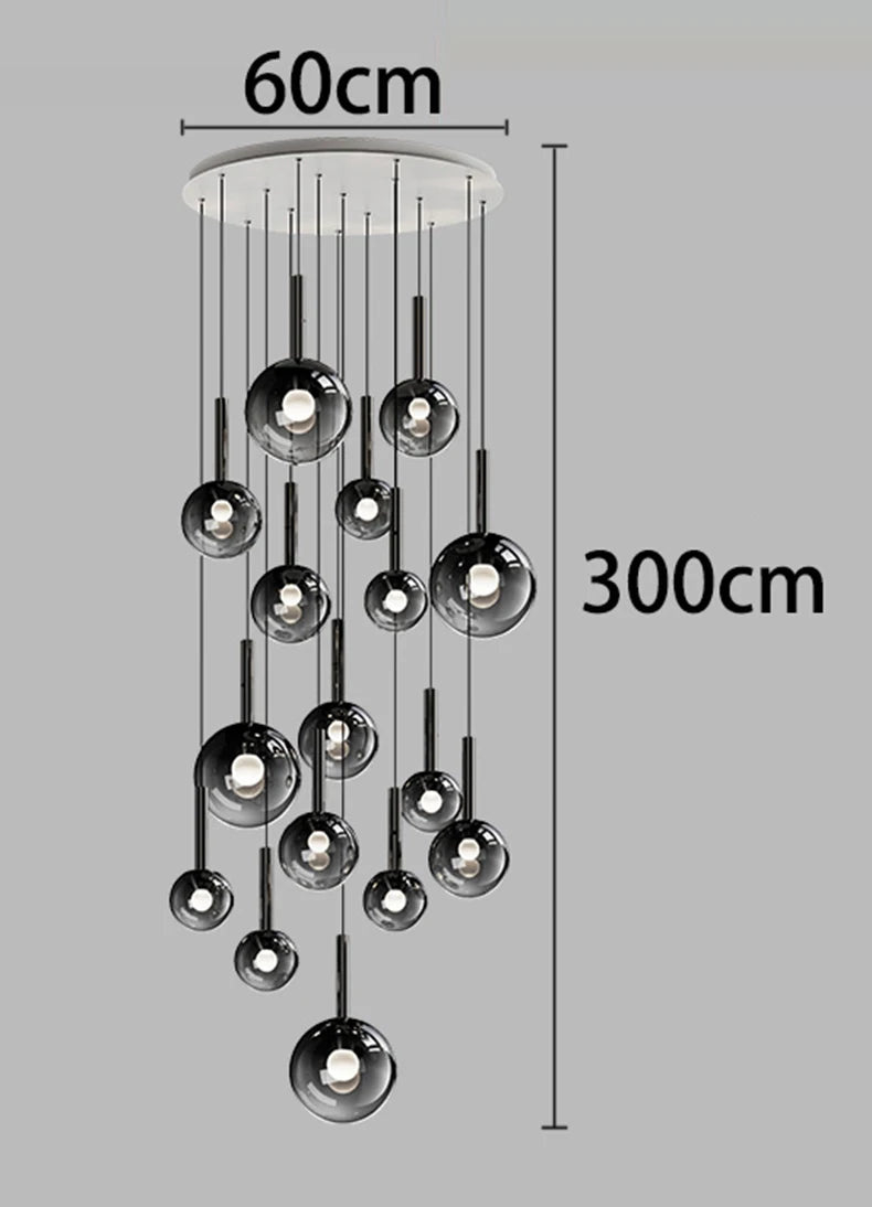 Crystal stair chandelier shown unlit, showing the glass drop arrangement