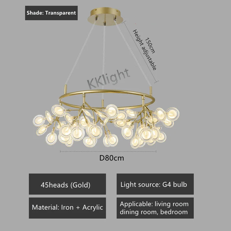 Gold firefly chandelier with dense acrylic heads for restaurants