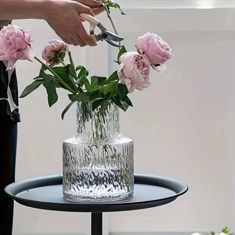 Glacier textured glass wide mouth vase with mixed fresh flower arrangement