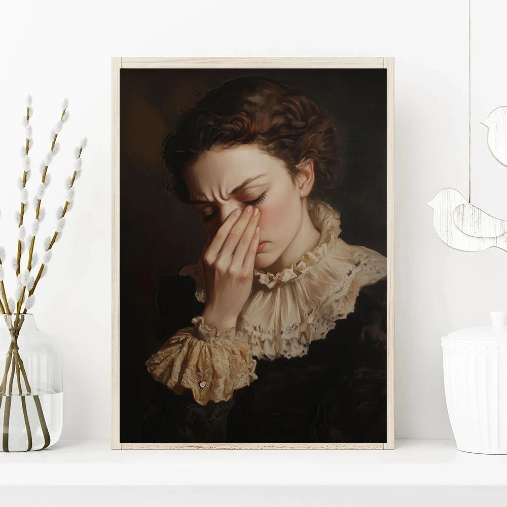 Victorian woman humorous bathroom portrait canvas wall art — close-up detail view