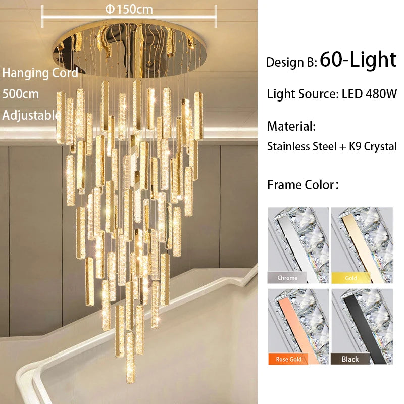 Sixty light spiral staircase crystal chandelier in plated steel