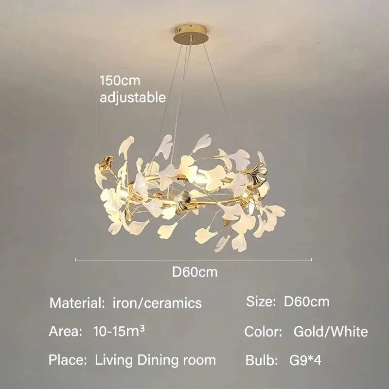 Cold 6000K lit ginkgo leaf chandelier with acrylic leaf shades