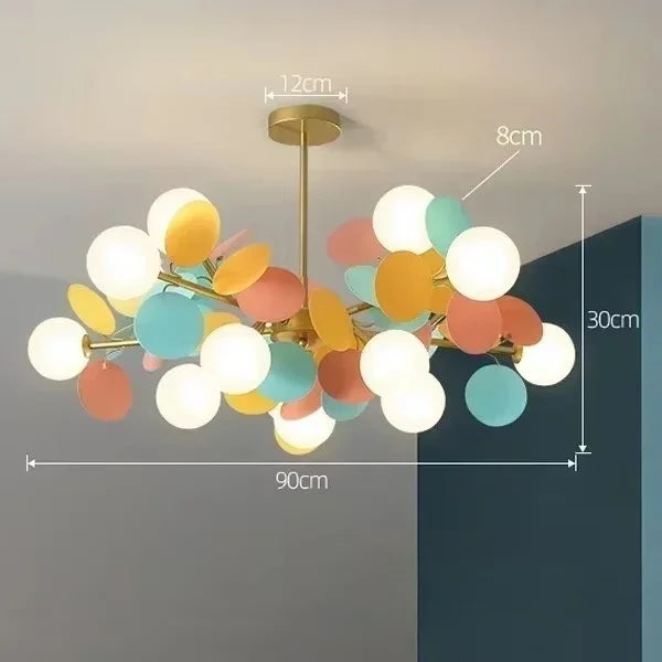 Ten globe flower branch chandelier spreading across painted arms