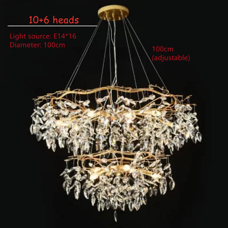 Crystal element detail on the chandelier brushed gold iron arm