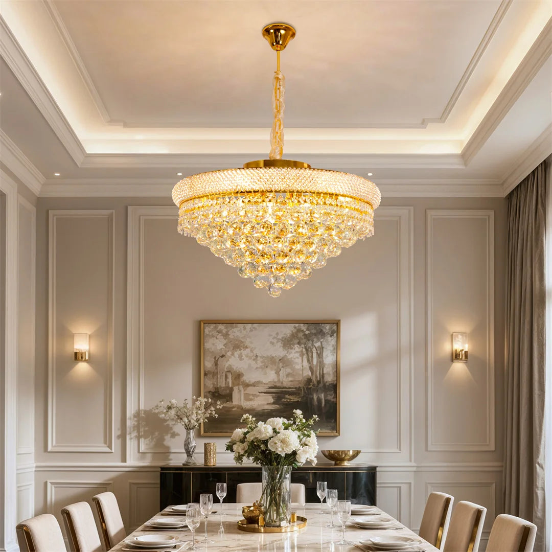 Oval crystal chandelier, 17.7 by 42.1 in, with six E14 corn bulbs