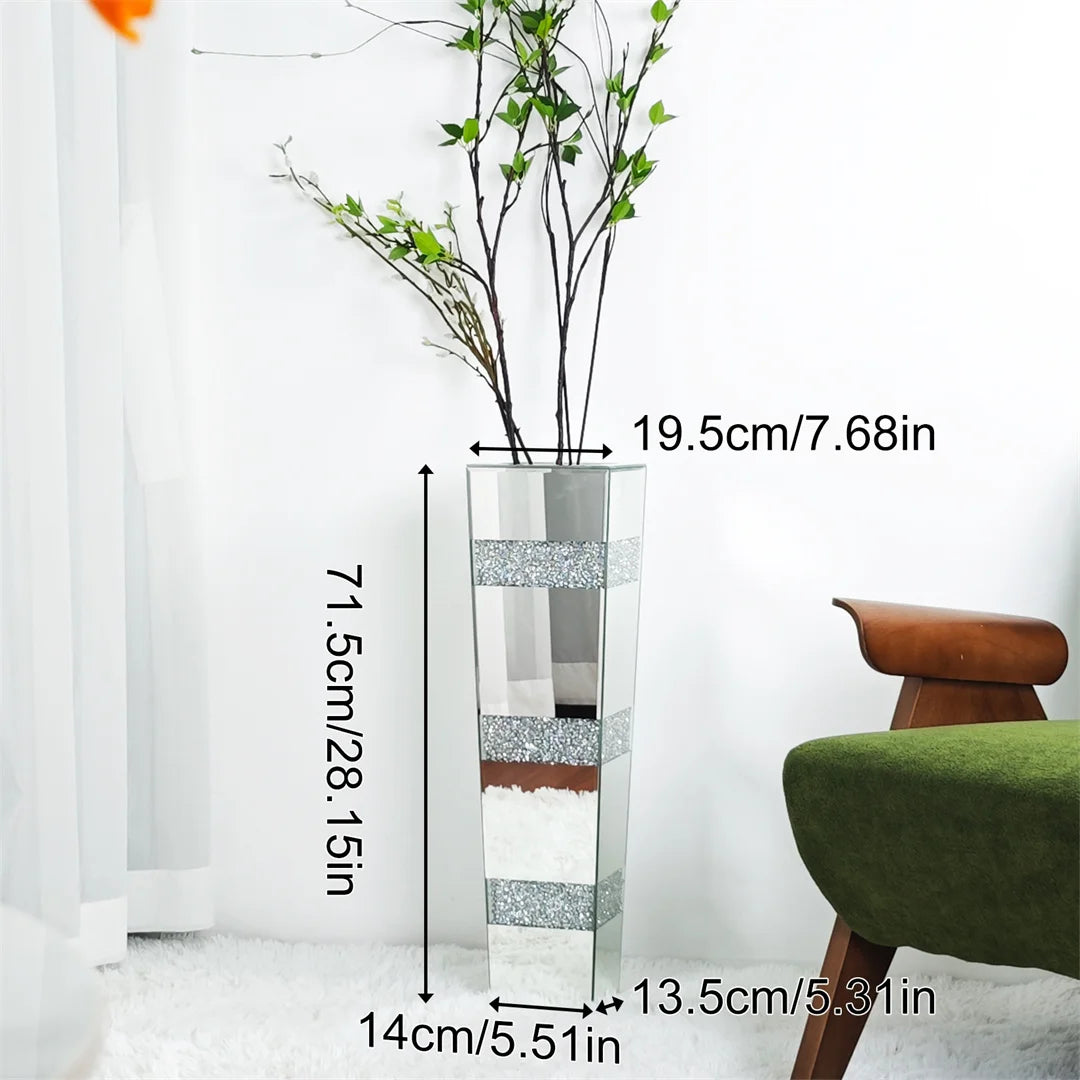 Silver crystal mirrored floor vases in small and large sizes side by side