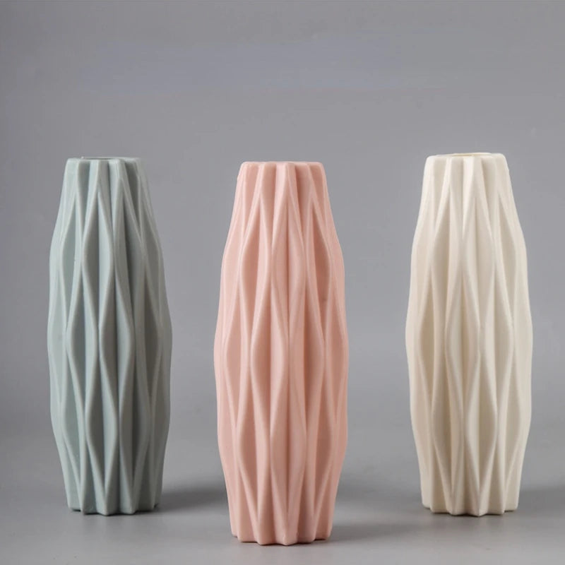Light blue Nordic boho plastic flower vase with basket weave silhouette