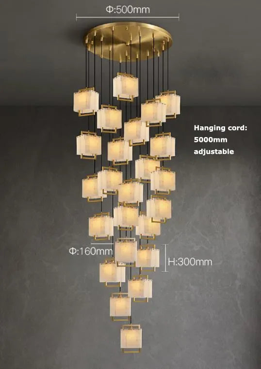 Marble chandelier shown lit in warm white with up and down glow