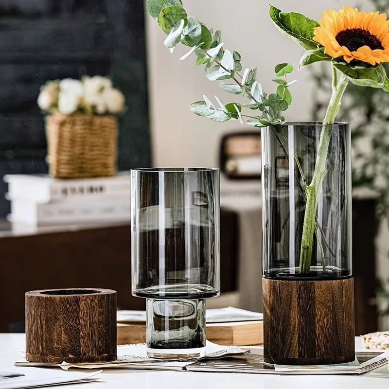 Glass bud vase Style B with wooden base and single dried flower stem display