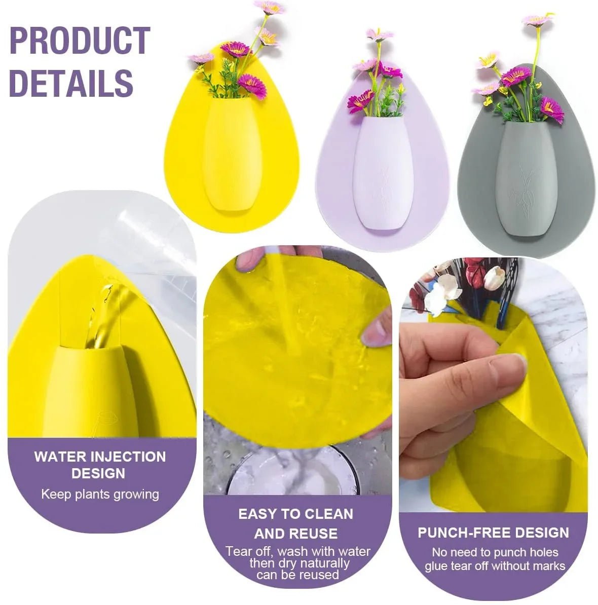 Purple silicone wall vase five colors grouped display