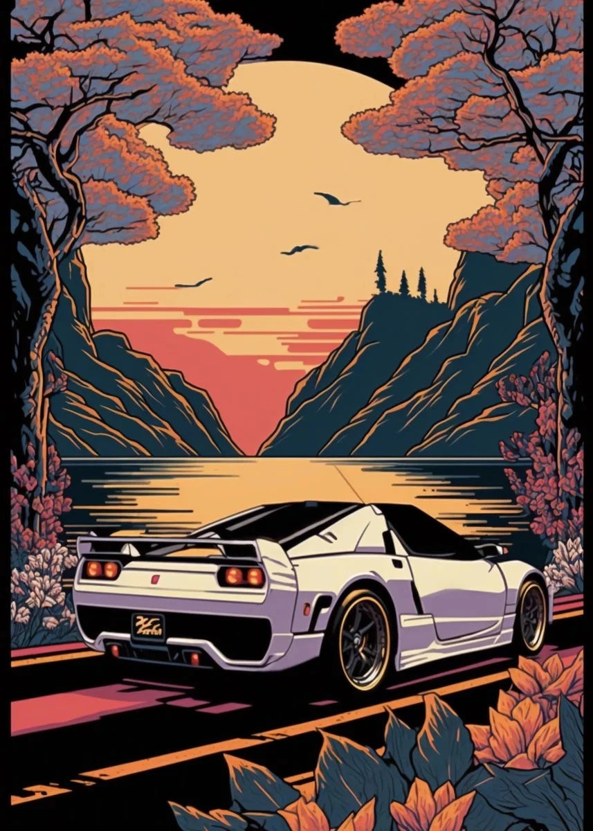 Retro GTR Japanese Landscape Car Canvas Wall Art