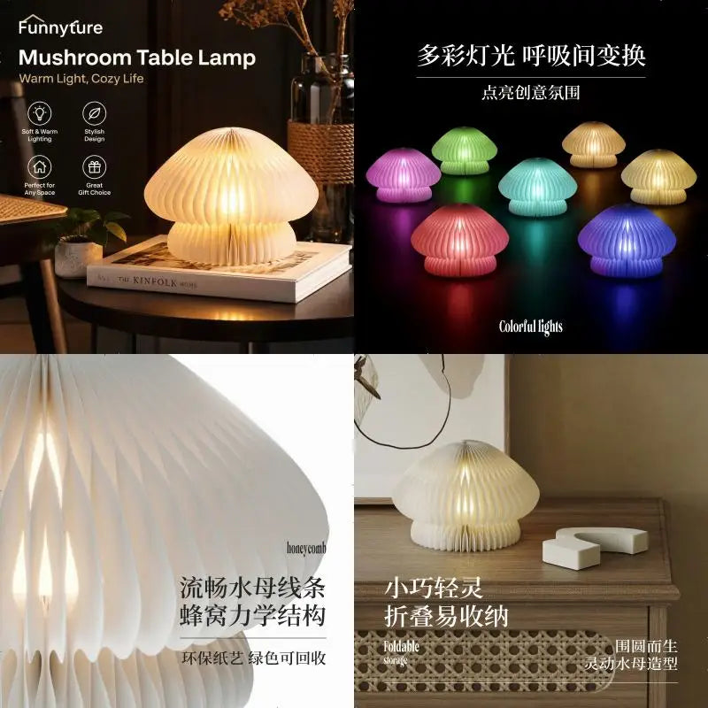 Color-changing paper jellyfish night light in dim bedroom setting