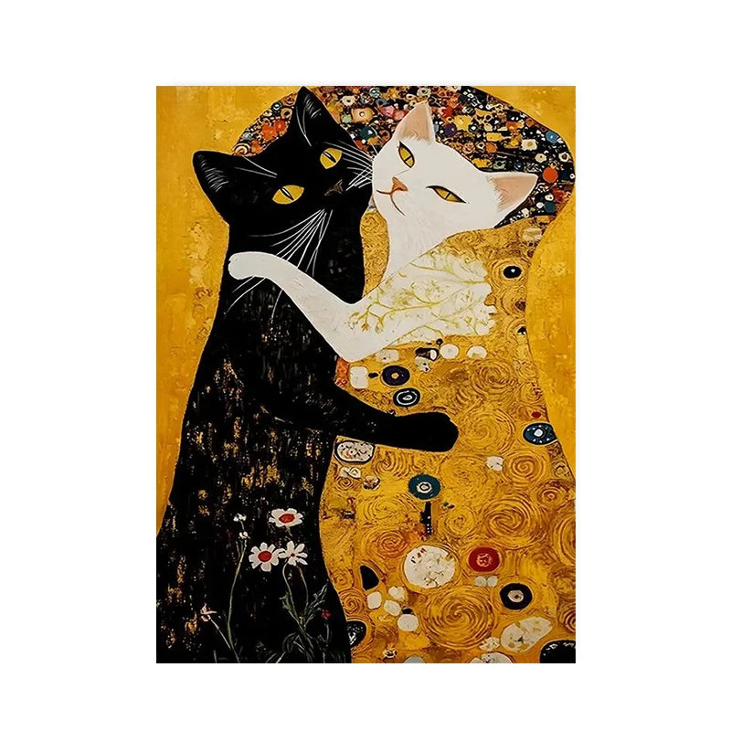 Klimt Kiss Cat Parody Abstract Canvas Wall Art