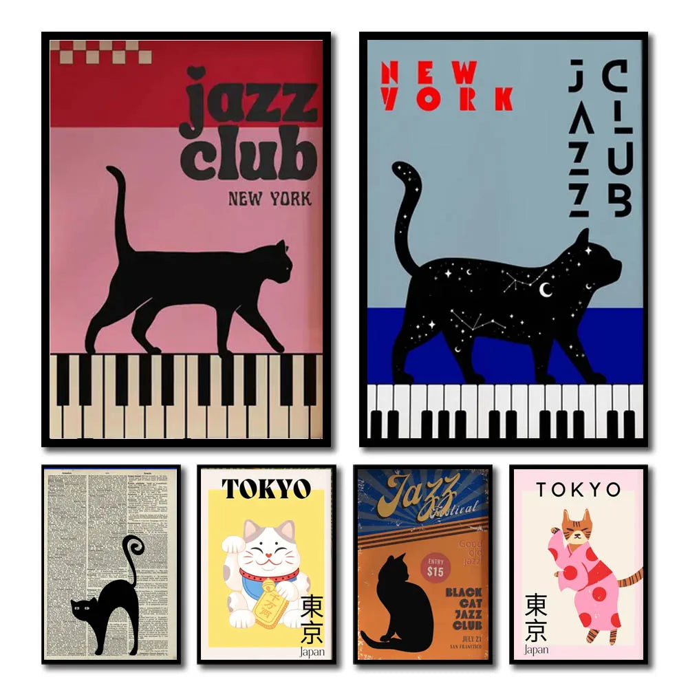 Black Piano Fortune Cat Canvas Wall Art