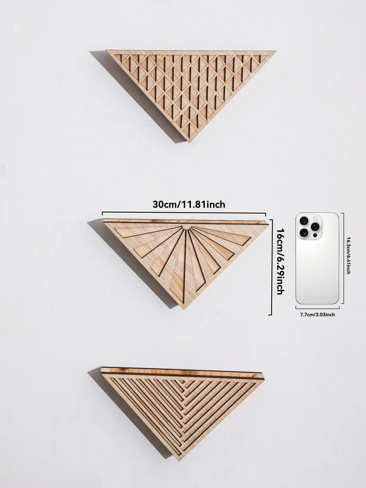 Triangle wood wall planter MS11866 with small cacti on boho wall display