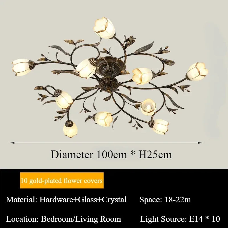 Four head glass flower chandelier in dark grey iron for a bedroom or nook