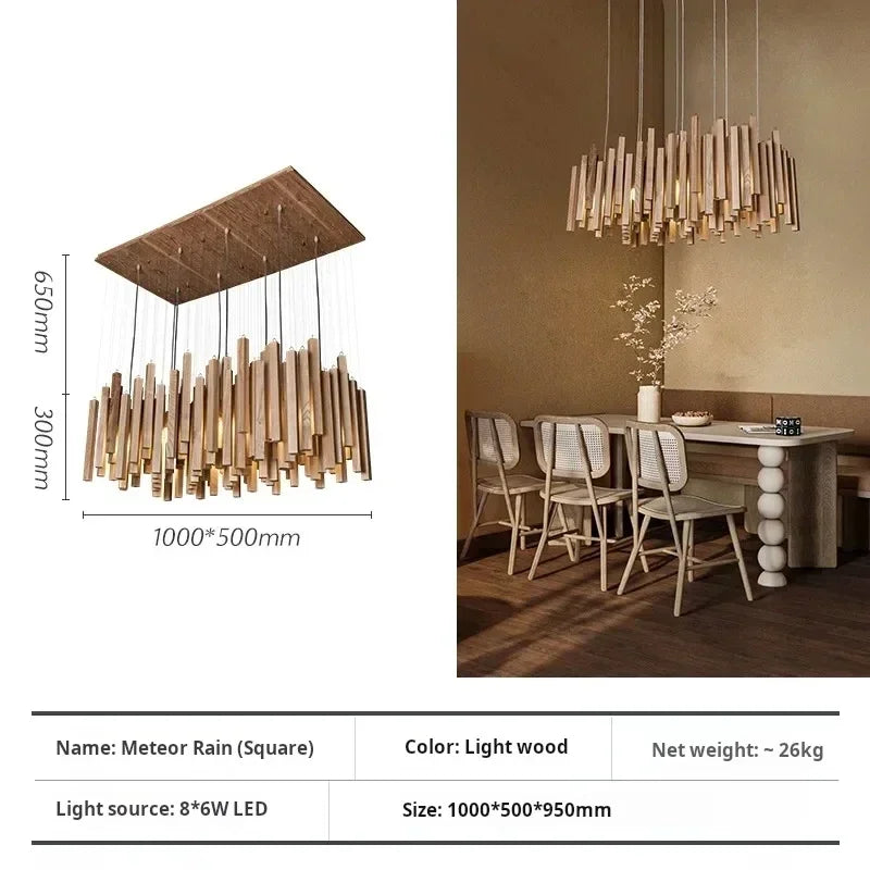 Linear 39.4 in (100 cm) solid wood chandelier in a light finish