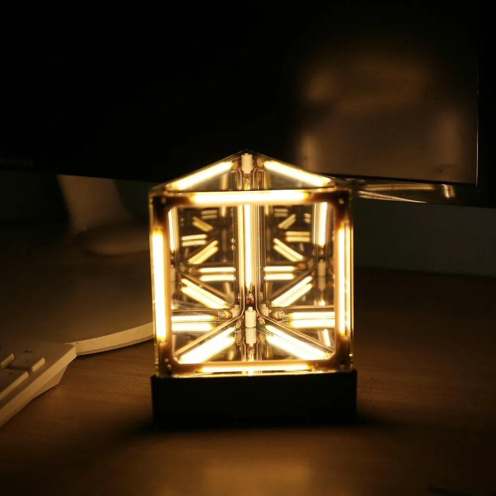 4D geometric maglev lamp overhead view of rotating hypercube shape