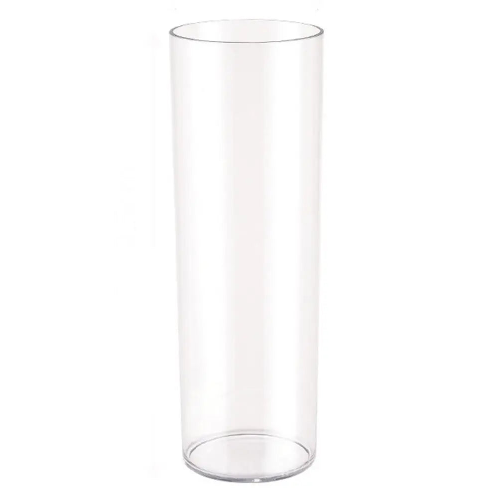 Shatterproof acrylic cylinder vase outdoors on a patio table with fresh flowers