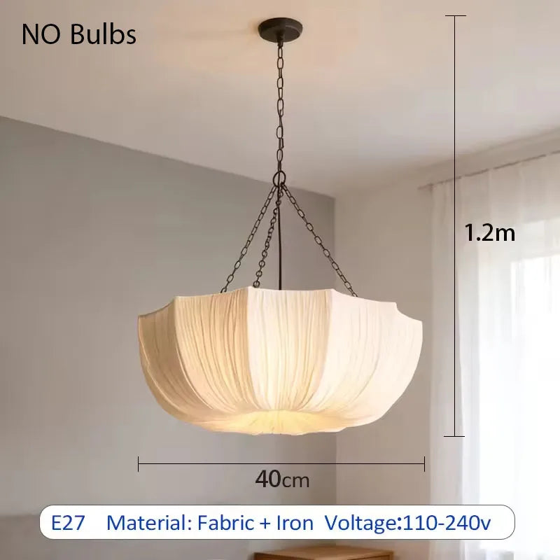 Wabi sabi chandelier with iron frame and fabric shade, no assembly required