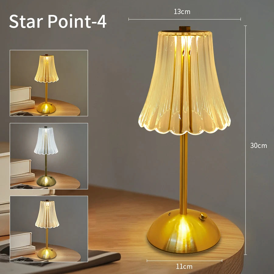 Touch dimmable table lamp in dark room showing warm ambient glow