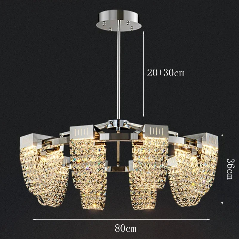 Crystal ceiling chandelier lit in neutral light on ironware