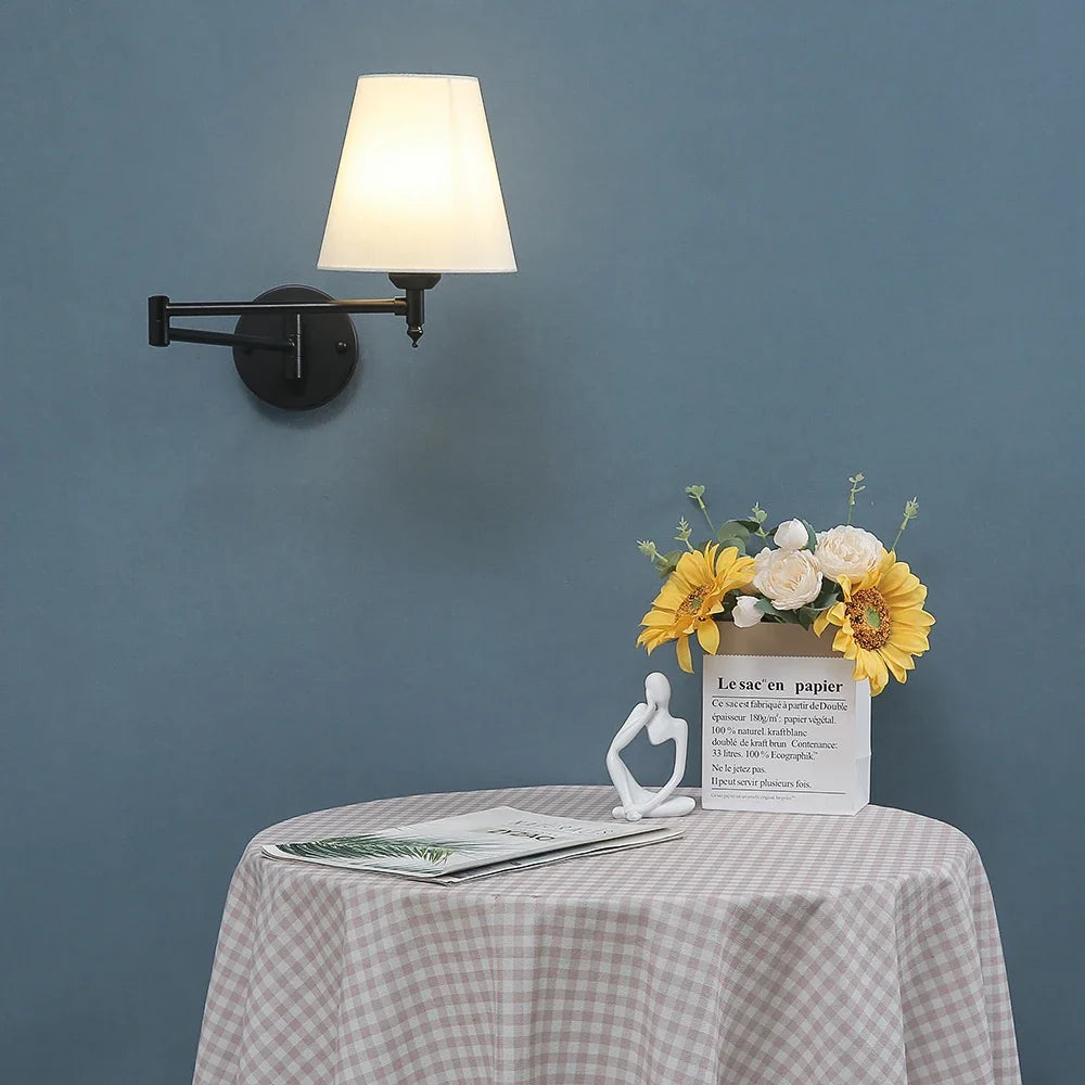 fabric shade wall sconce, close-up of shade and hardware detail