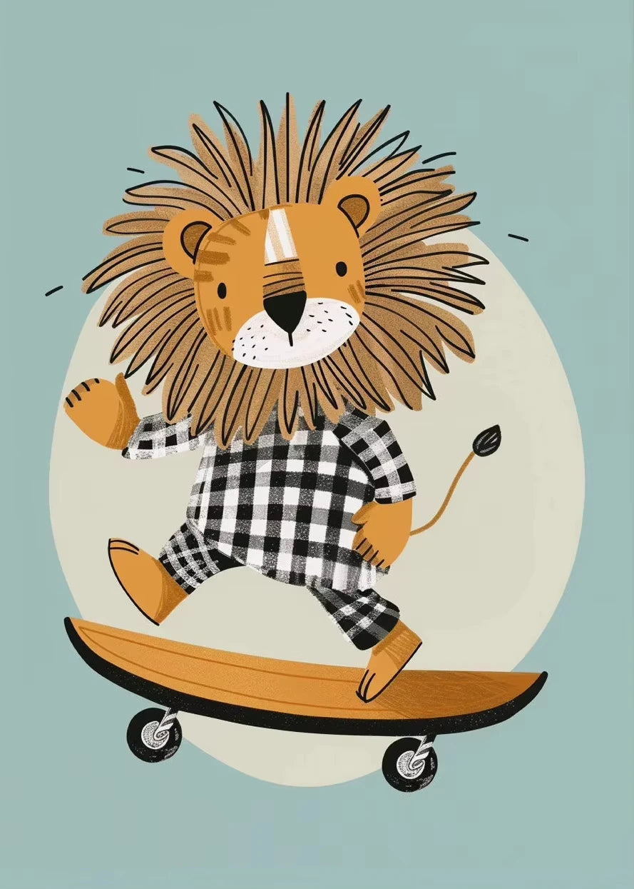 Cute Skateboard Animals Kids Canvas Wall Art Print