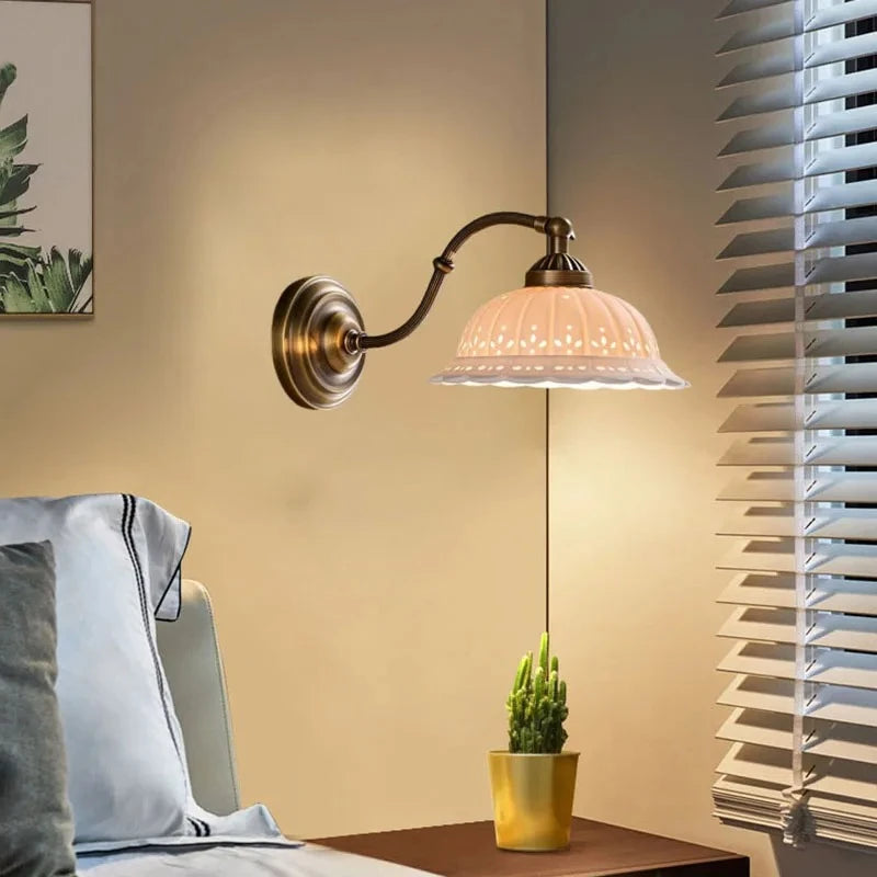 brass wall sconce, close-up of shade and hardware detail