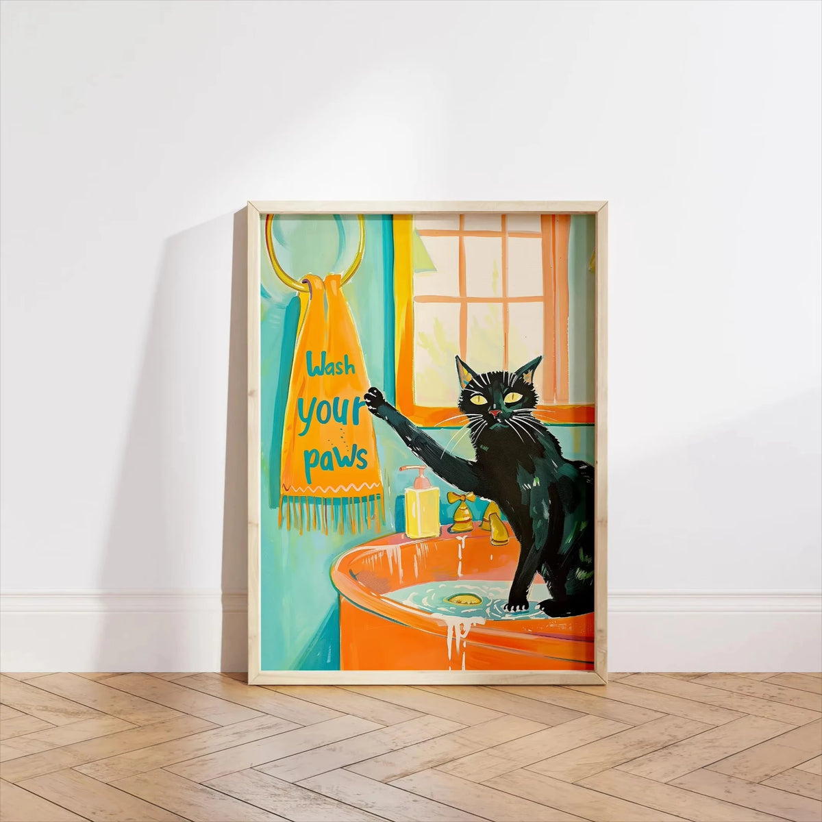 Wash Your Paws Black Cat Bathroom Canvas Wall Art
