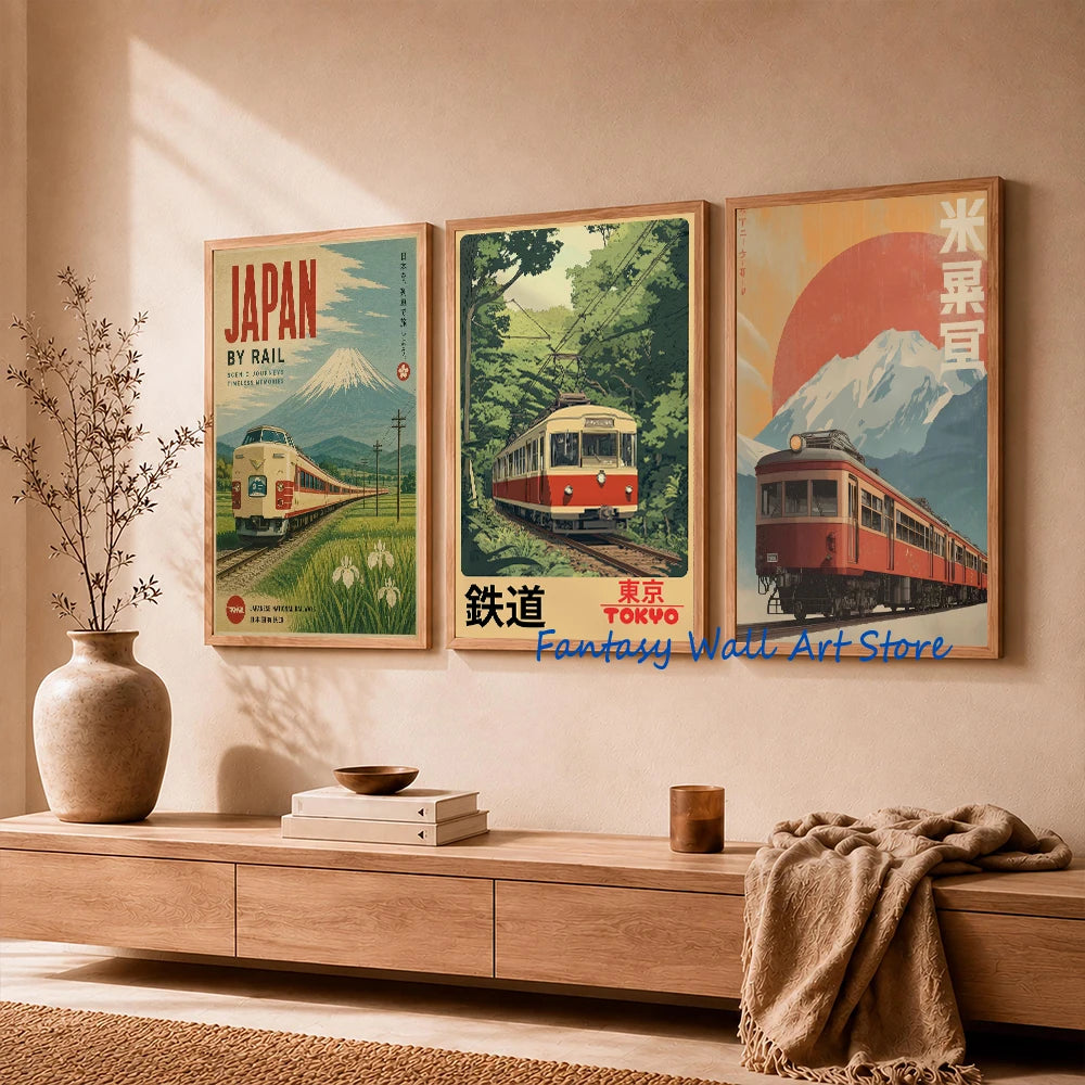 Vintage Japanese Railway Landscape Canvas Wall Art