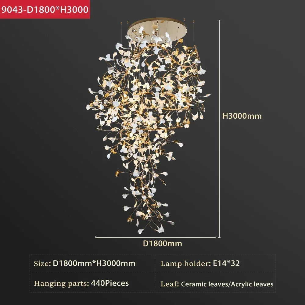 Botanical leaf chandelier with ceramic shades on a self-contained mounting
